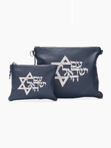 Set Thalit / Tefilines Am Israel Hai Navy Blue On Blue Smooth Leather