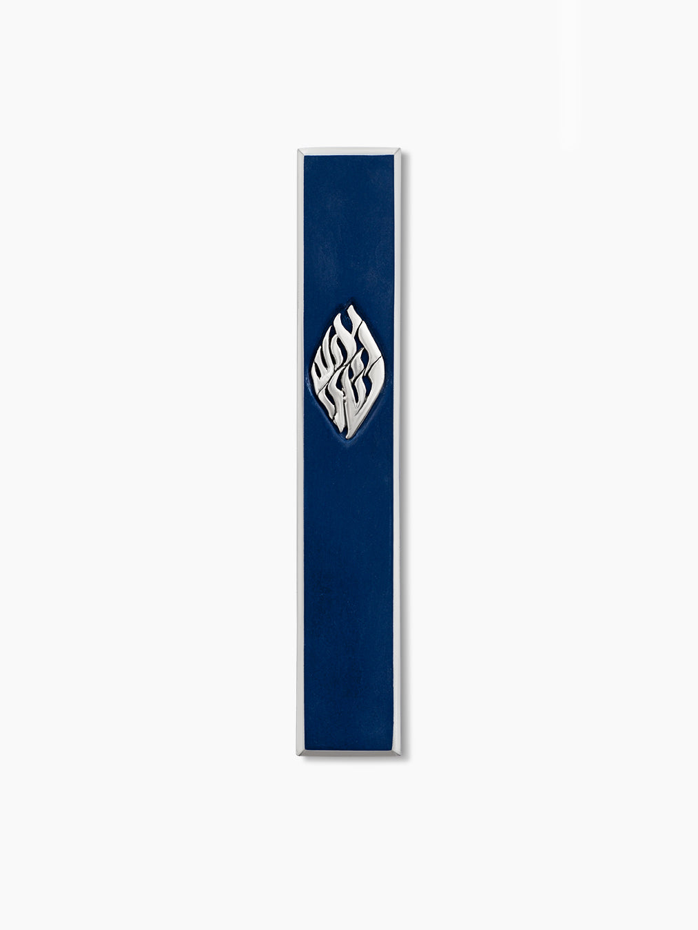 Navy blue concrete mezuzah case with silver Aesh Sheli flame inlay, handmade in Israel, Kameart