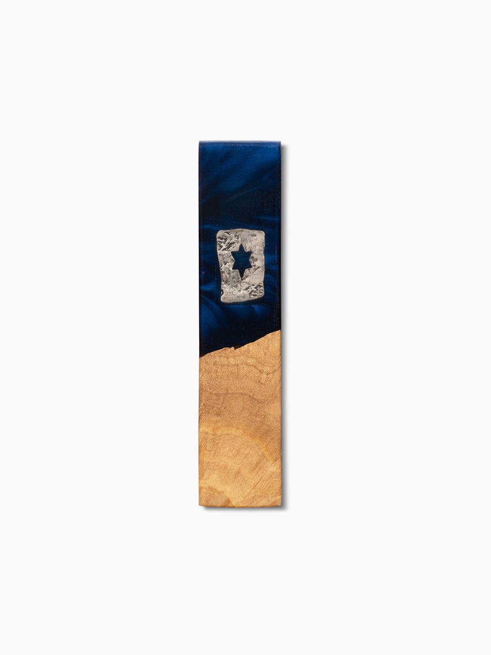 Navy blue resin and olive wood mezuzah case with silver Star of David cut-out, handmade in Israel, Kameart