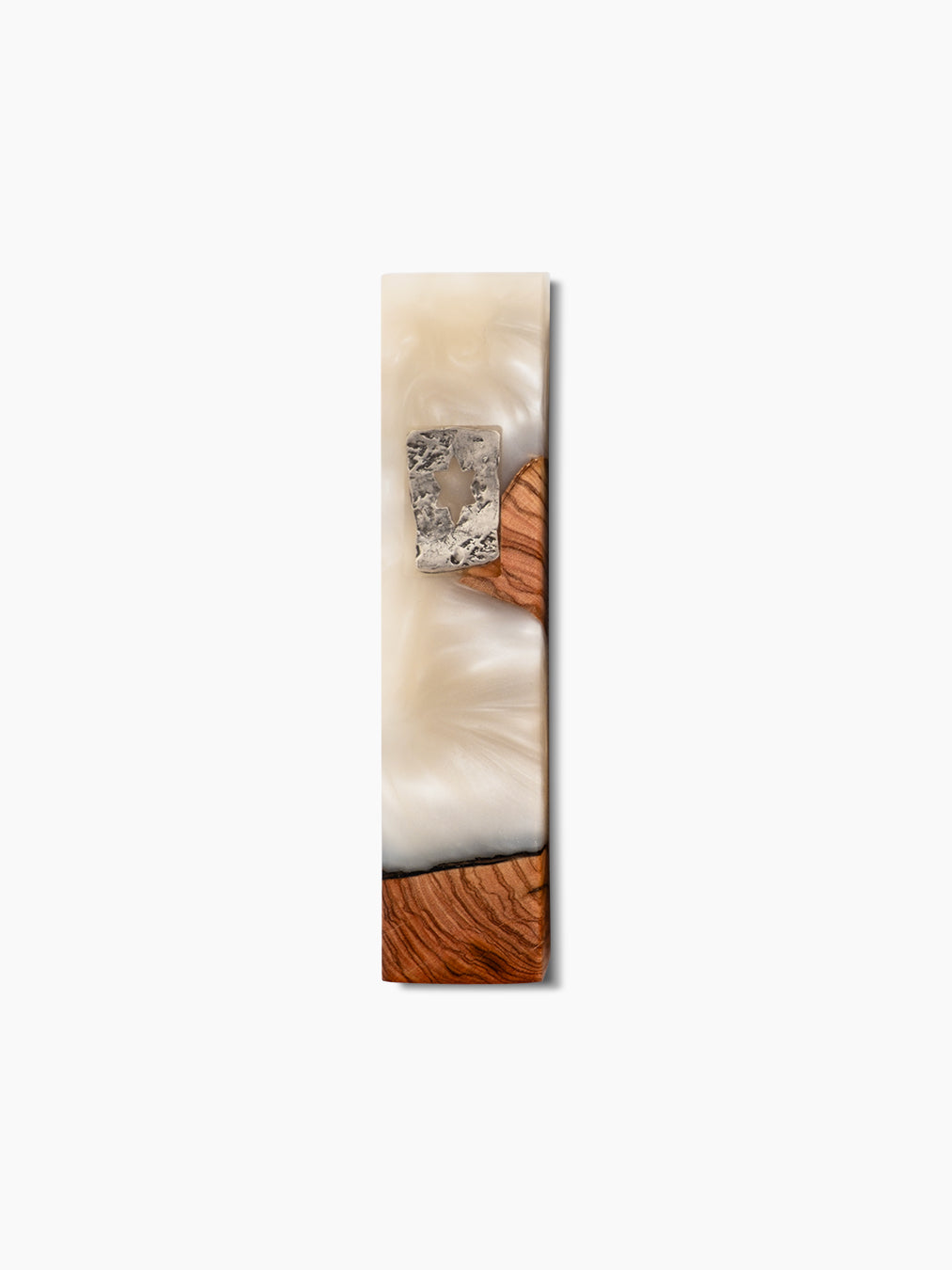 Pearl white resin and olive wood mezuzah case with silver Star of David cut-out, handmade in Israel, Kameart