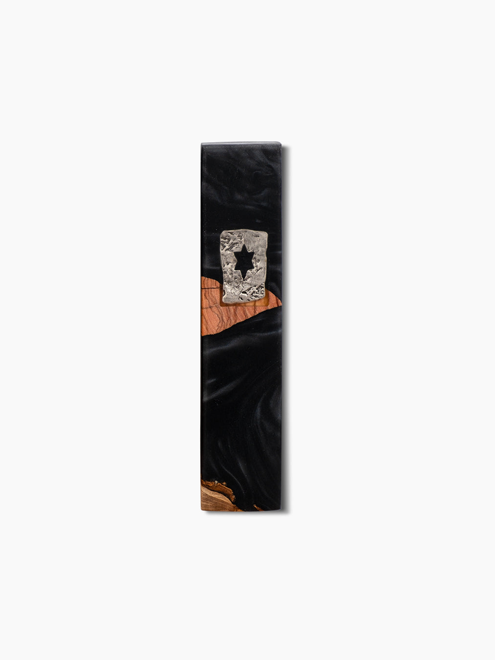 Black resin and olive wood mezuzah case with silver Star of David cut-out, handmade in Israel, Kameart