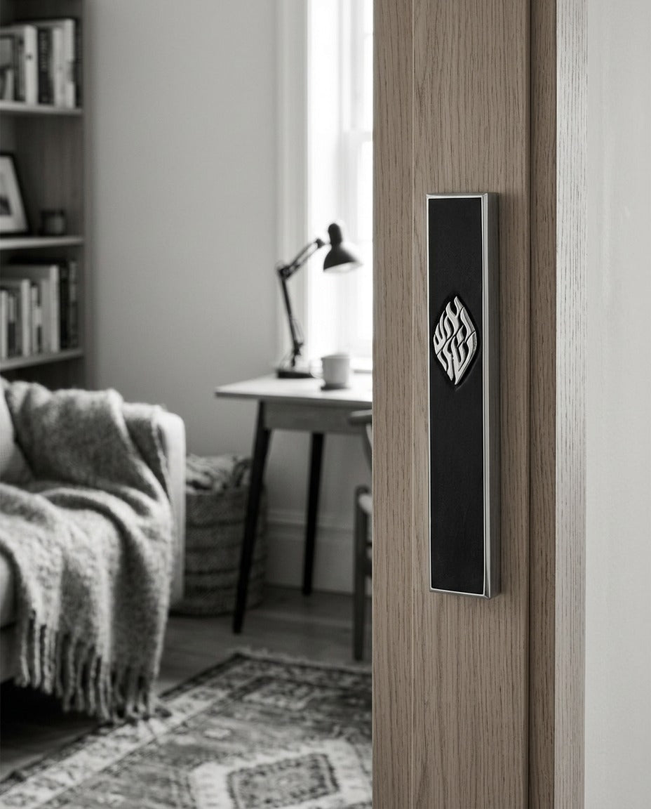 Black concrete Aesh Sheli mezuzah mounted on an interior door frame, lifestyle photo, Kameart