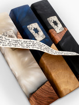 Olive wood and silver Star of David mezuzah case with Hebrew prayer scroll parchment visible, handmade in Israel, Kameart