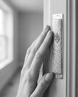 Hand gently touching a hammered silver Aesh Sheli mezuzah, traditional gesture, Kameart