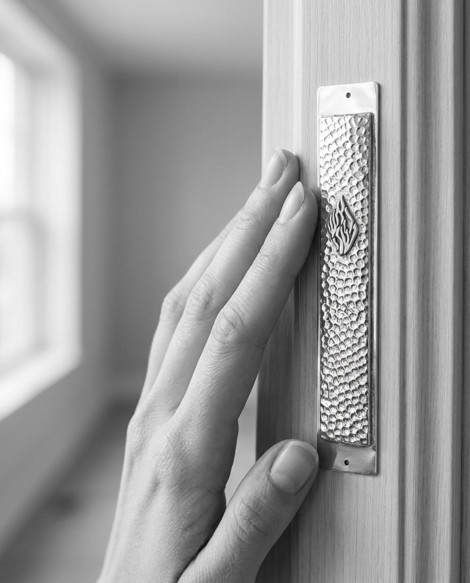 Hand gently touching a hammered silver Aesh Sheli mezuzah, traditional gesture, Kameart