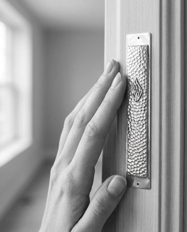 Hand gently touching a hammered silver Aesh Sheli mezuzah, traditional gesture, Kameart
