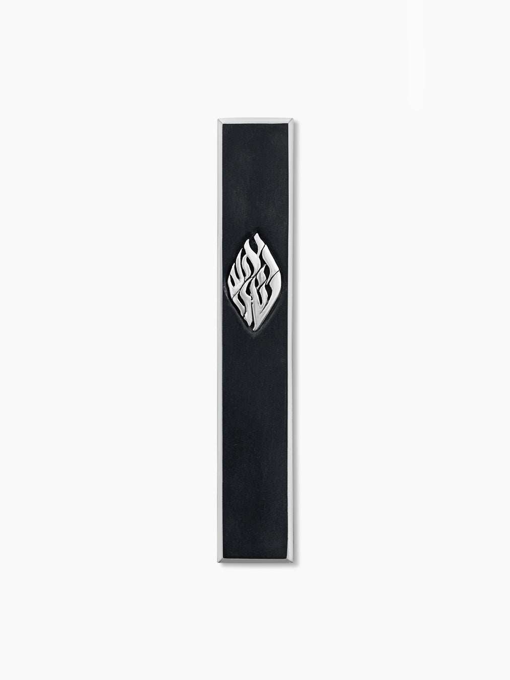 Black concrete mezuzah case with silver Aesh Sheli flame inlay, handmade in Israel, Kameart