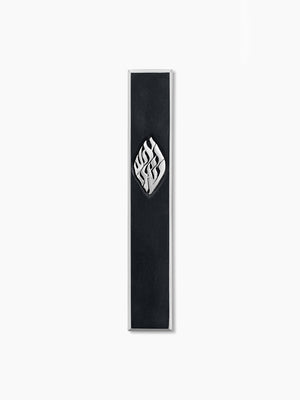 Black concrete mezuzah case with silver Aesh Sheli flame inlay, handmade in Israel, Kameart