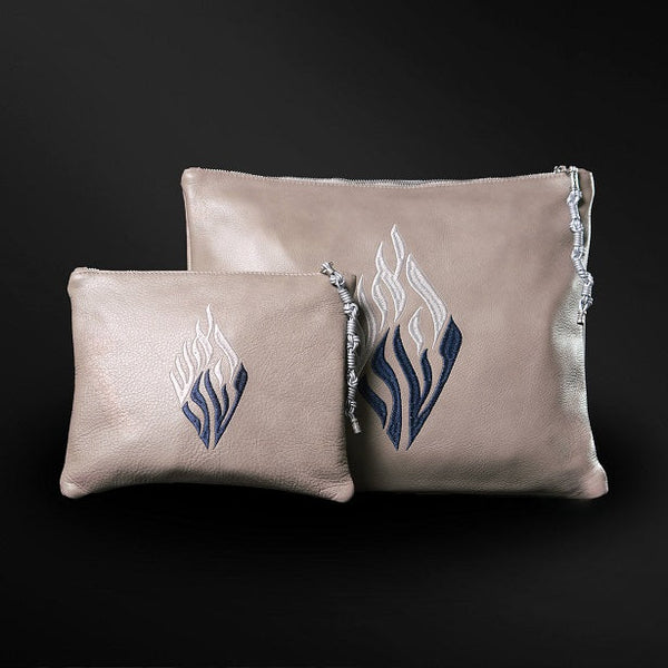 Set Tallit / Tefilines Aesh Sheli Blue Grey Grained Leather Kameart