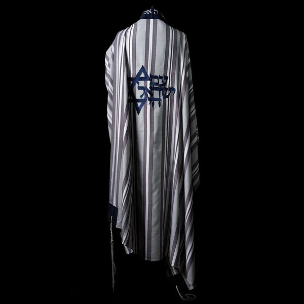 Tallit Am Israël Hai Bicolor Blue & Grey Stripes Kameart