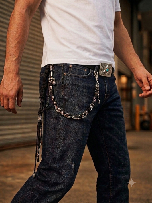 Artisanal Men's Belt Chain – Silver & Braided Cord