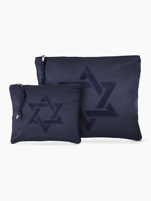 Tallit Bag Star of David Blue Grained Leather | Tallit & Tefillin Bag Set Kameart
