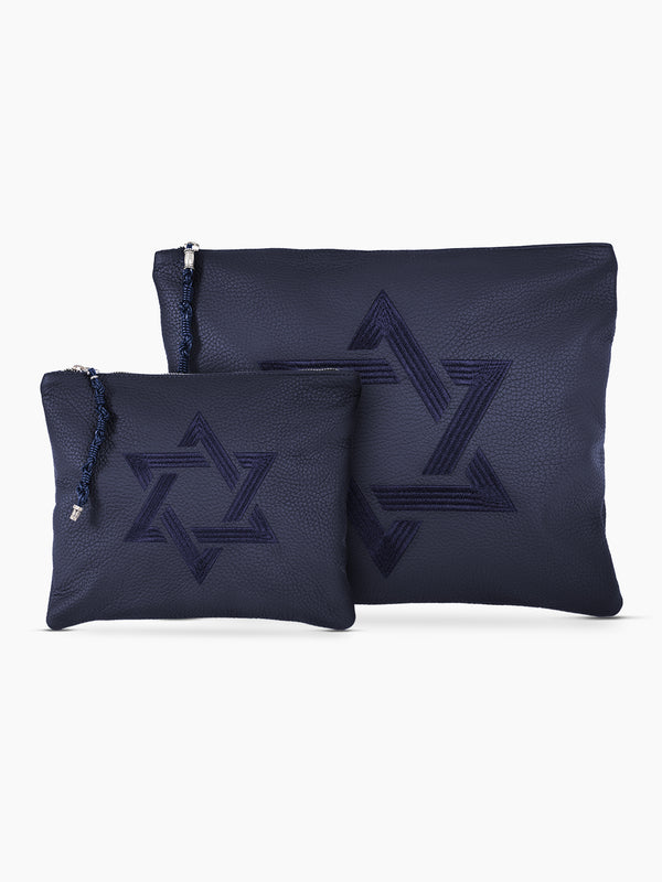 Tallit Bag Star of David Blue Grained Leather | Tallit & Tefillin Bag Set Kameart