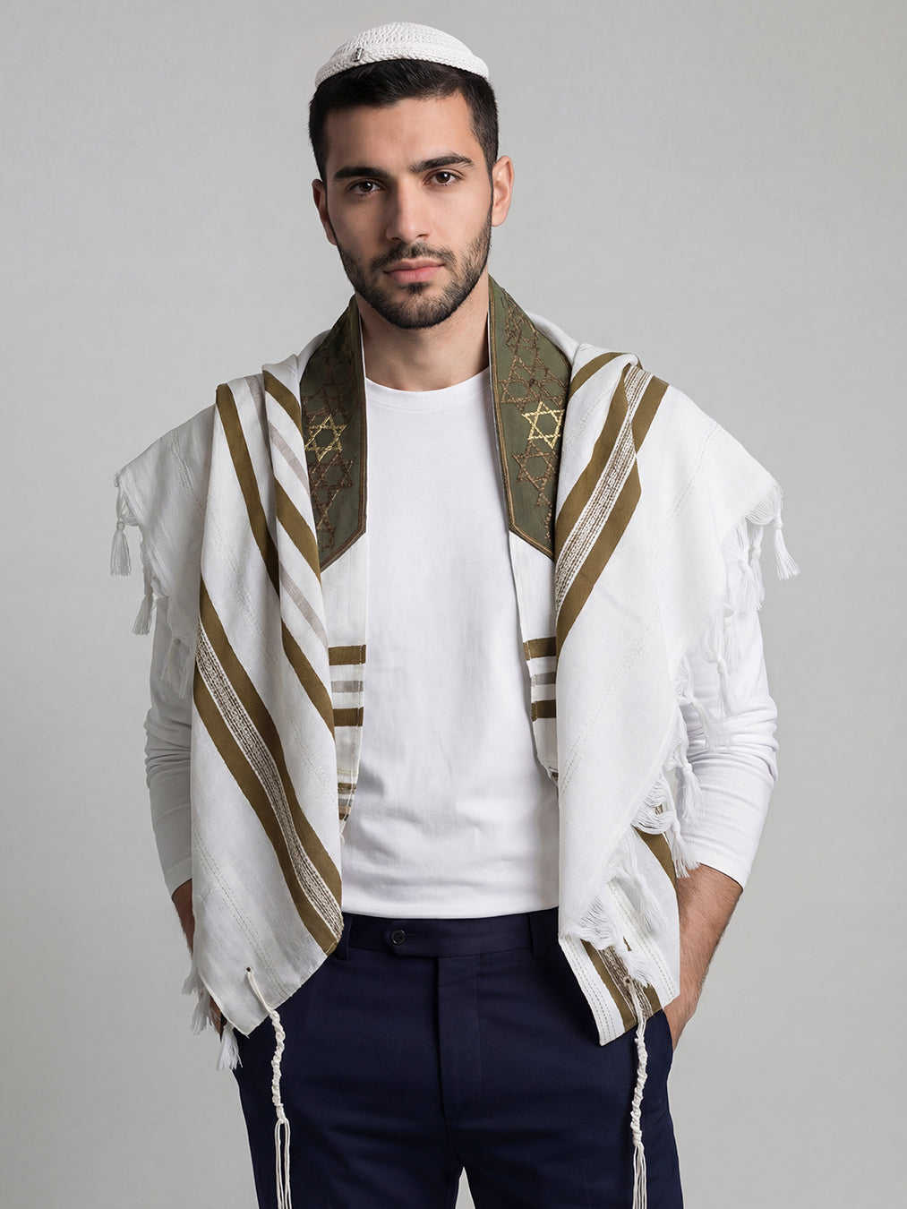 Tallit Yosef Star Of David in Green Olive Kameart