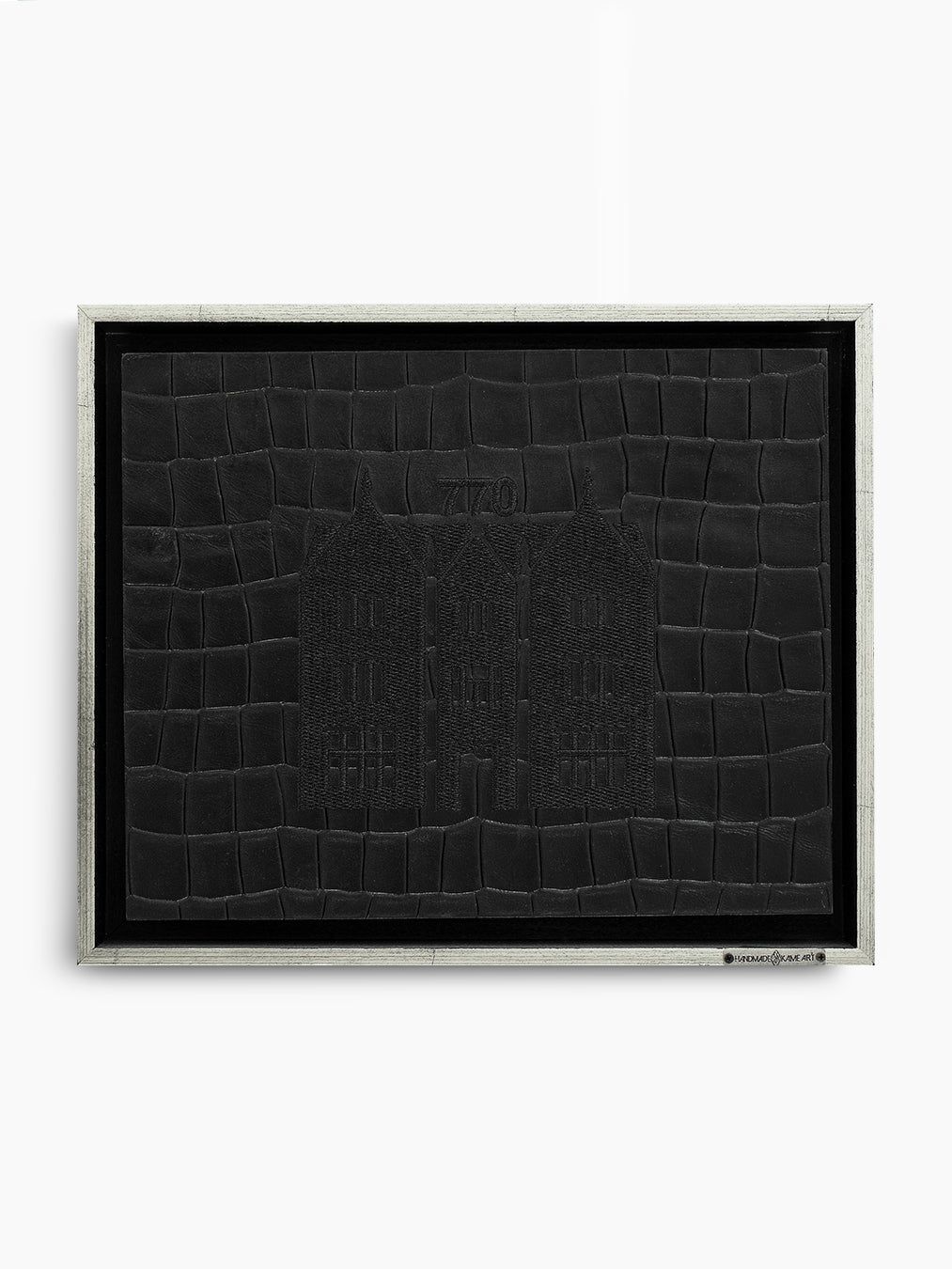 770 Eastern Parkway Wall Art, front view, black crocodile-embossed leather Judaica frame, handmade in Israel, Kameart