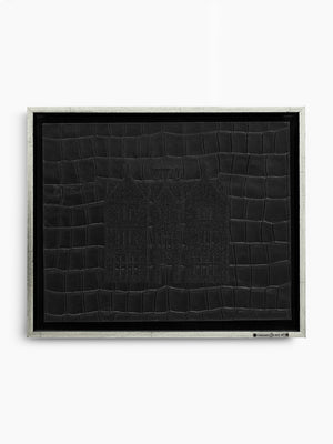 770 Eastern Parkway Wall Art, front view, black crocodile-embossed leather Judaica frame, handmade in Israel, Kameart