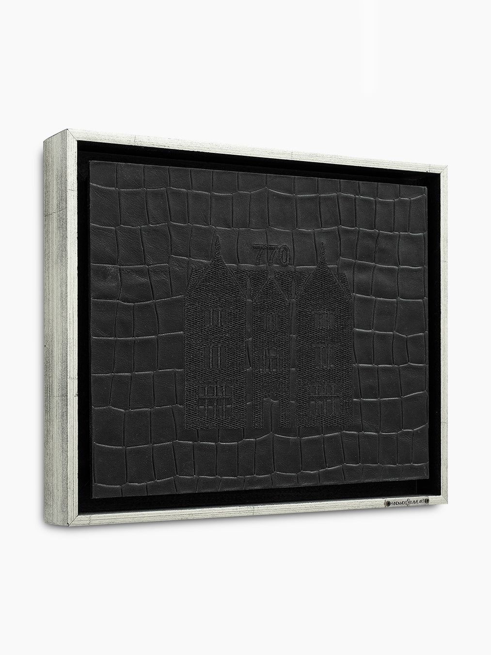 770 Eastern Parkway Wall Art, angled view, black crocodile-embossed leather frame, handmade in Israel, Kameart