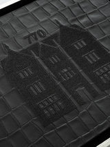 770 Eastern Parkway Wall Art, embroidery close-up detail, black crocodile-embossed leather, handmade in Israel, Kameart