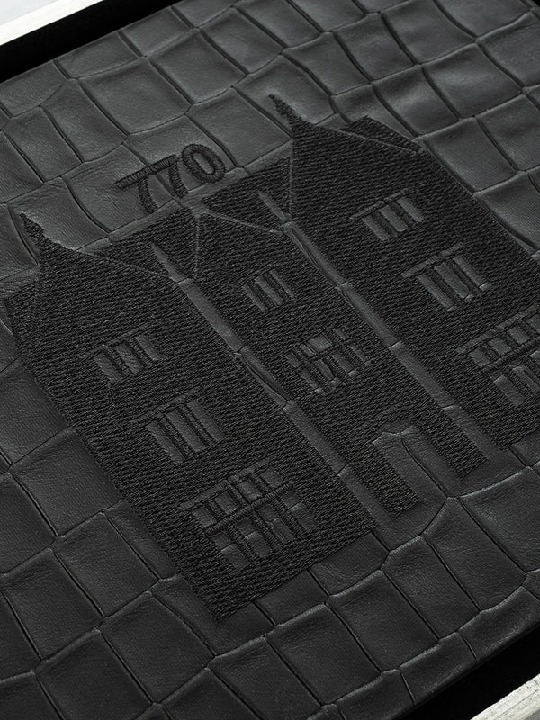 770 Eastern Parkway Wall Art, embroidery close-up detail, black crocodile-embossed leather, handmade in Israel, Kameart
