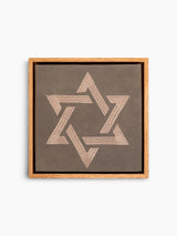 Magen David Wall Art, front view, grey pebbled leather, oak frame, handmade in Israel, Kameart