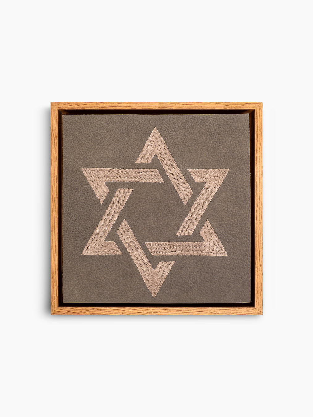 Magen David Wall Art, front view, grey pebbled leather, oak frame, handmade in Israel, Kameart