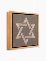 Magen David Wall Art, angled view, grey pebbled leather, oak frame, handmade in Israel, Kameart