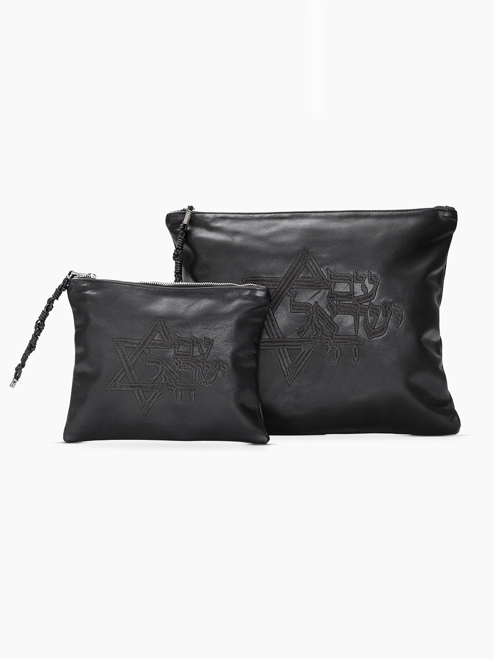 Set Tallit / Tefilines Am Israel Hai Black Grained Leather Kameart
