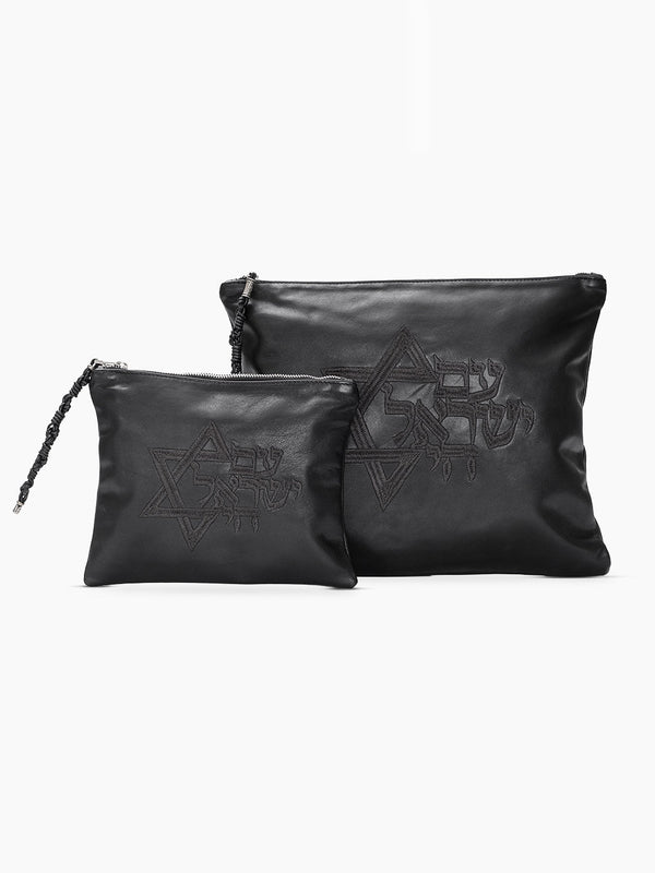 Set Tallit / Tefilines Am Israel Hai Black Grained Leather Kameart