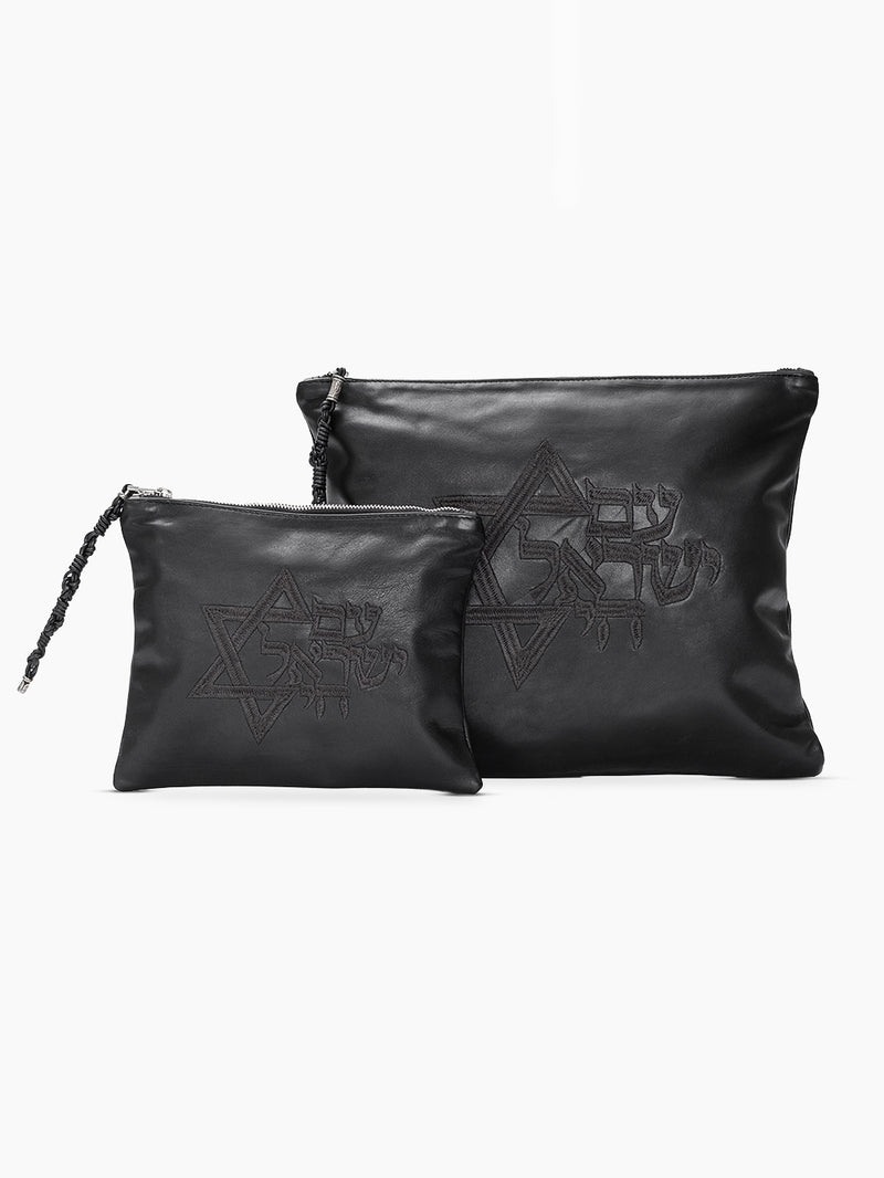 Set Tallit / Tefilines Am Israel Hai Black Grained Leather