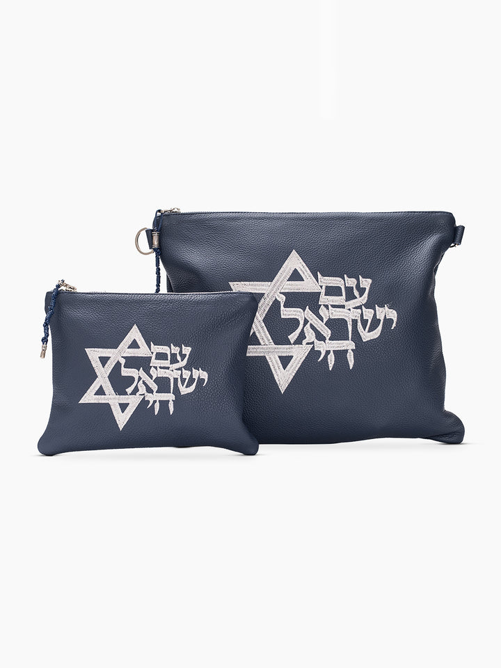 Set Thalit / Tefilines Am Israel Hai Navy Blue On Blue Smooth Leather
