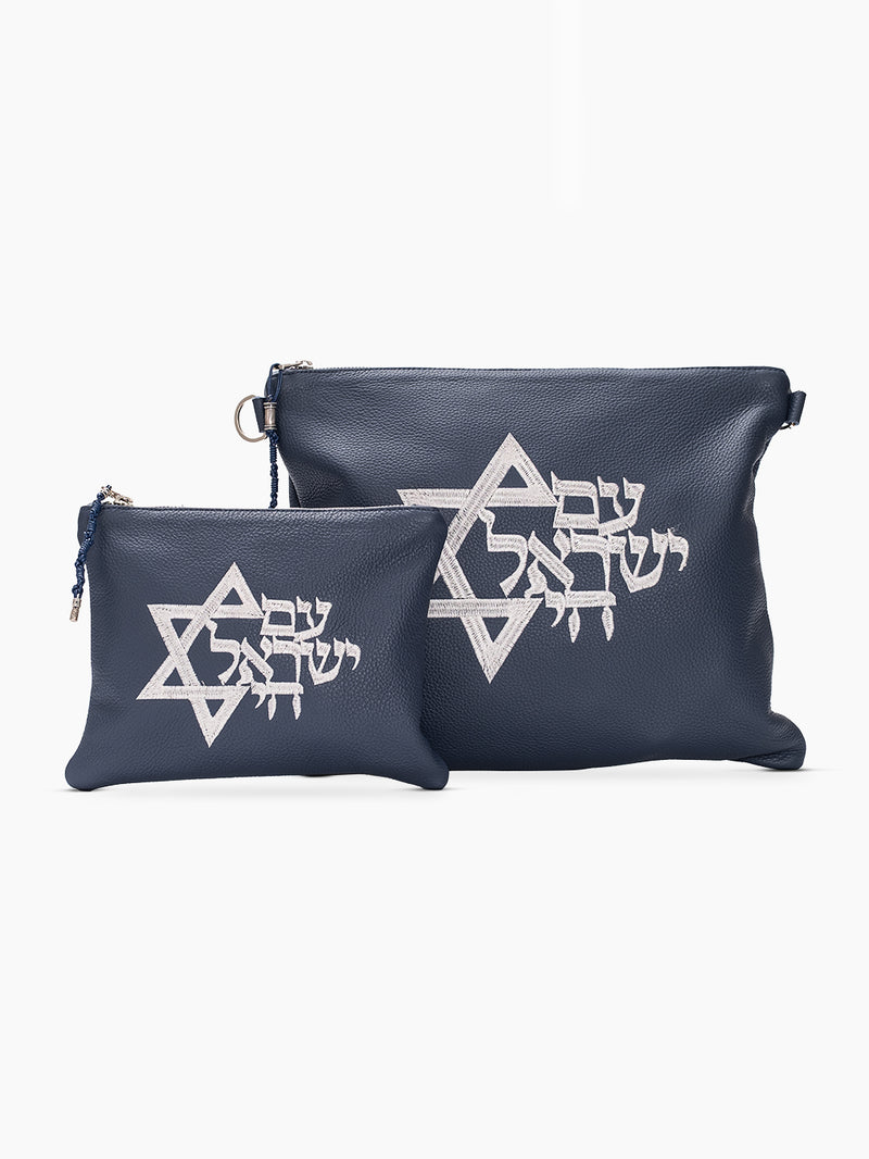 Set Tallit / Tefilines Am Israel Hai Navy white On Blue Grained Leather