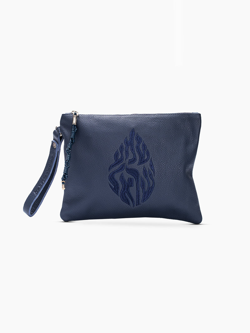 Leather Pouch - Shema Israel Navy Grained Leather