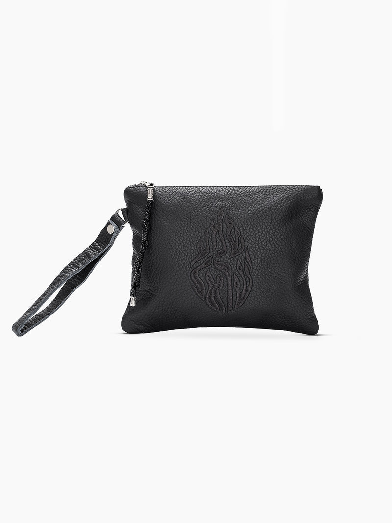 Leather Pouch - Shema Israel Black Grained Leather
