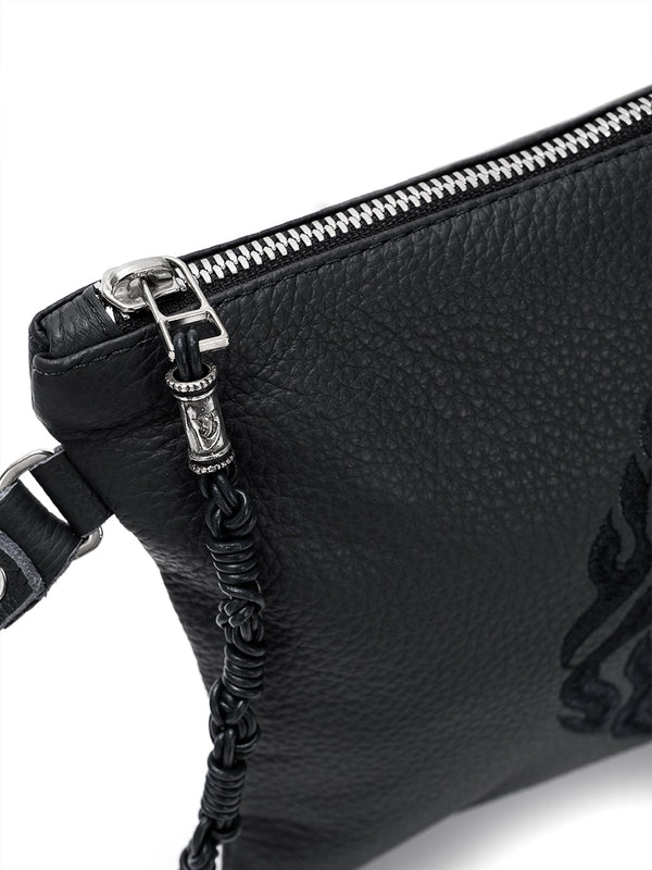 Leather Pouch - Shema Israel Black Grained Leather Kameart