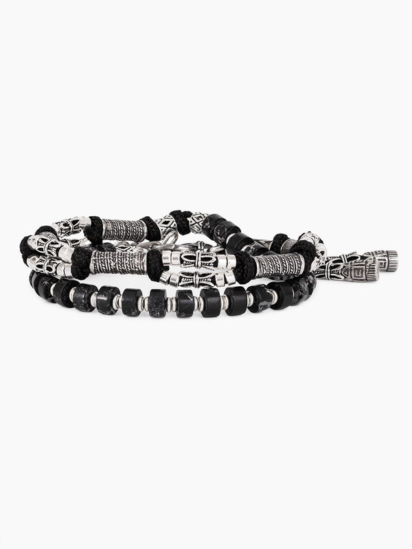 Two black and silver beaded bracelets 