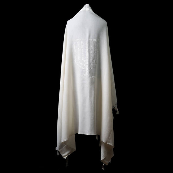 Tallit Menorah Full White Kameart