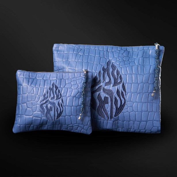 Set Thalit / Tefilines Shema Israel Blue Crocodile Leather
