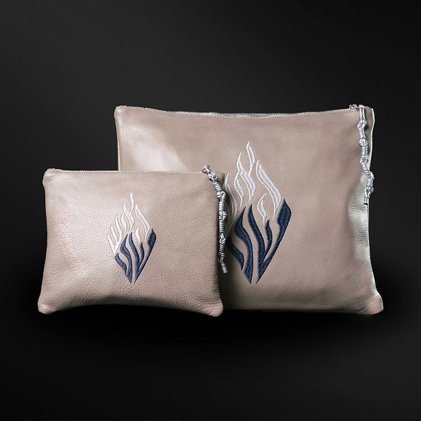 Aesh Sheli Tallit Tefilin Bag Set Blue Gray Leather