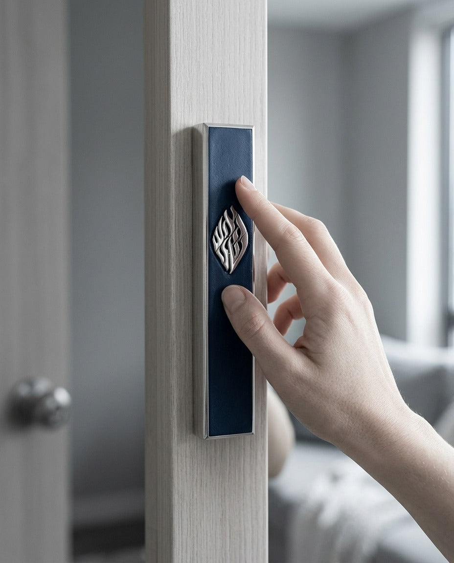 Hand gently touching a navy blue concrete Aesh Sheli mezuzah, traditional gesture, Kameart