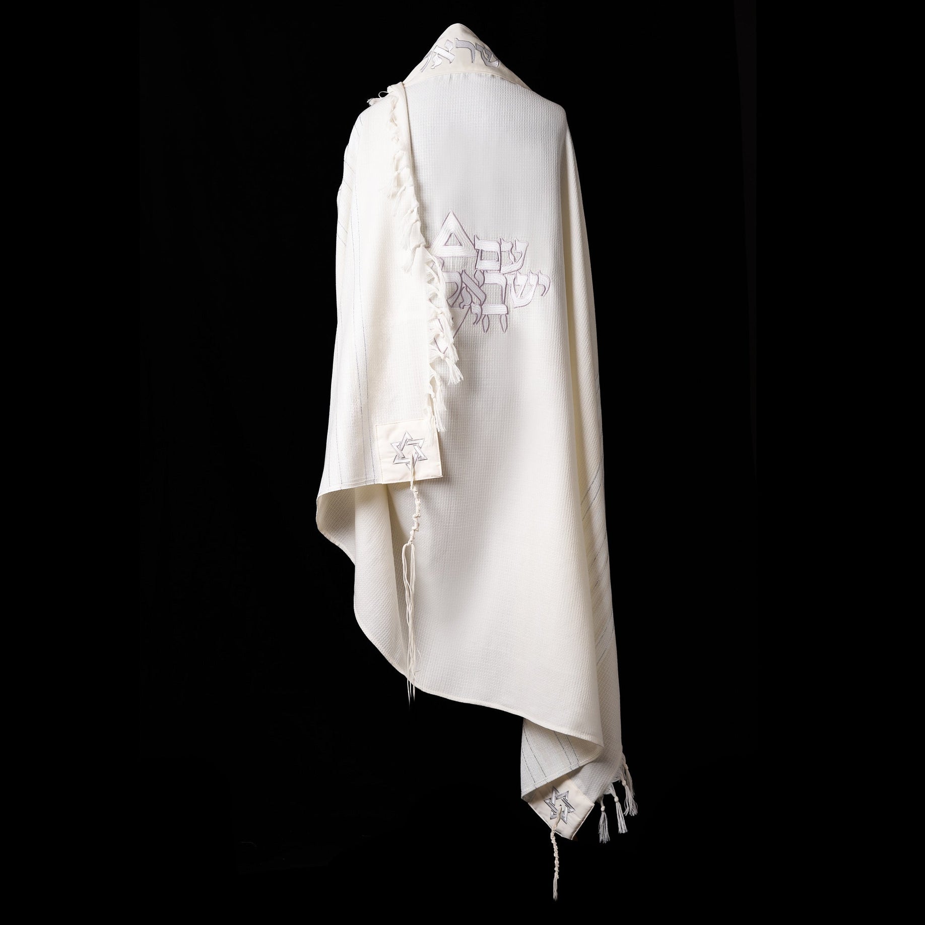 Am Israel Chai Prestige Tallit White Gray | Luxury Prayer Shawl