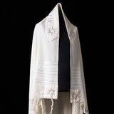 Am Israel Chai Prestige Tallit White Gray | Luxury Prayer Shawl