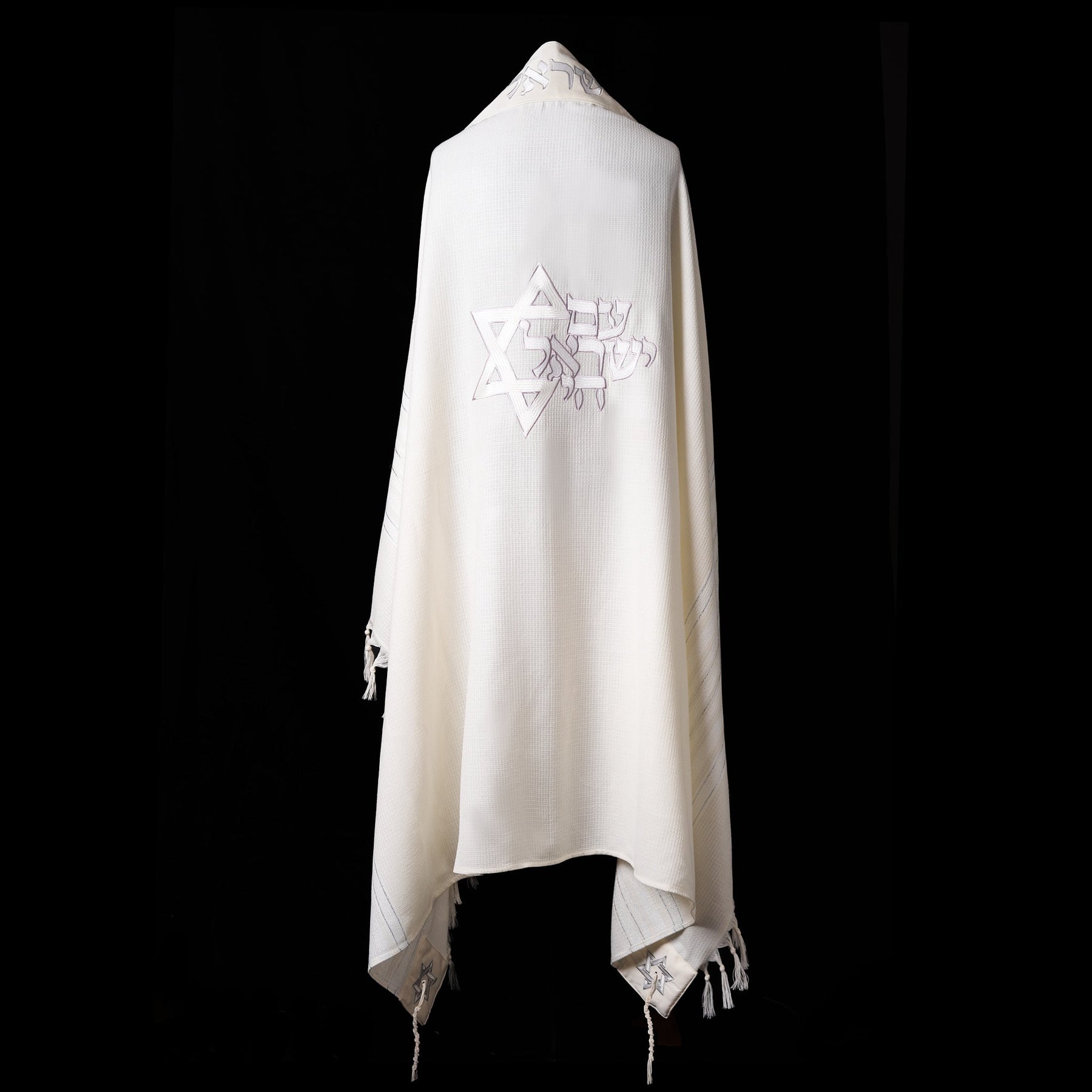 Am Israel Chai Prestige Tallit White Gray | Luxury Prayer Shawl