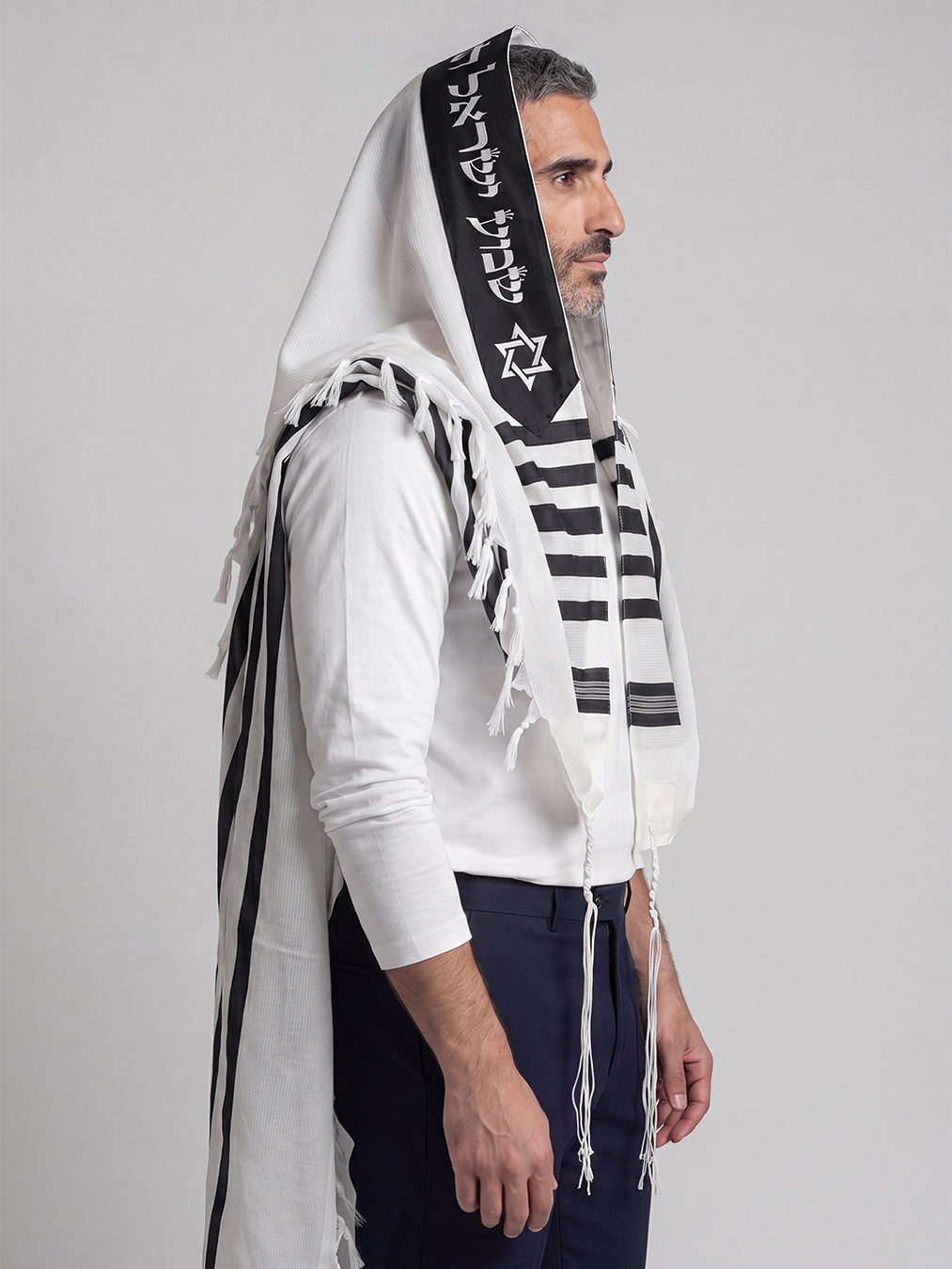 Am Israel Chai Tallit White Black | Luxury Prayer Shawl