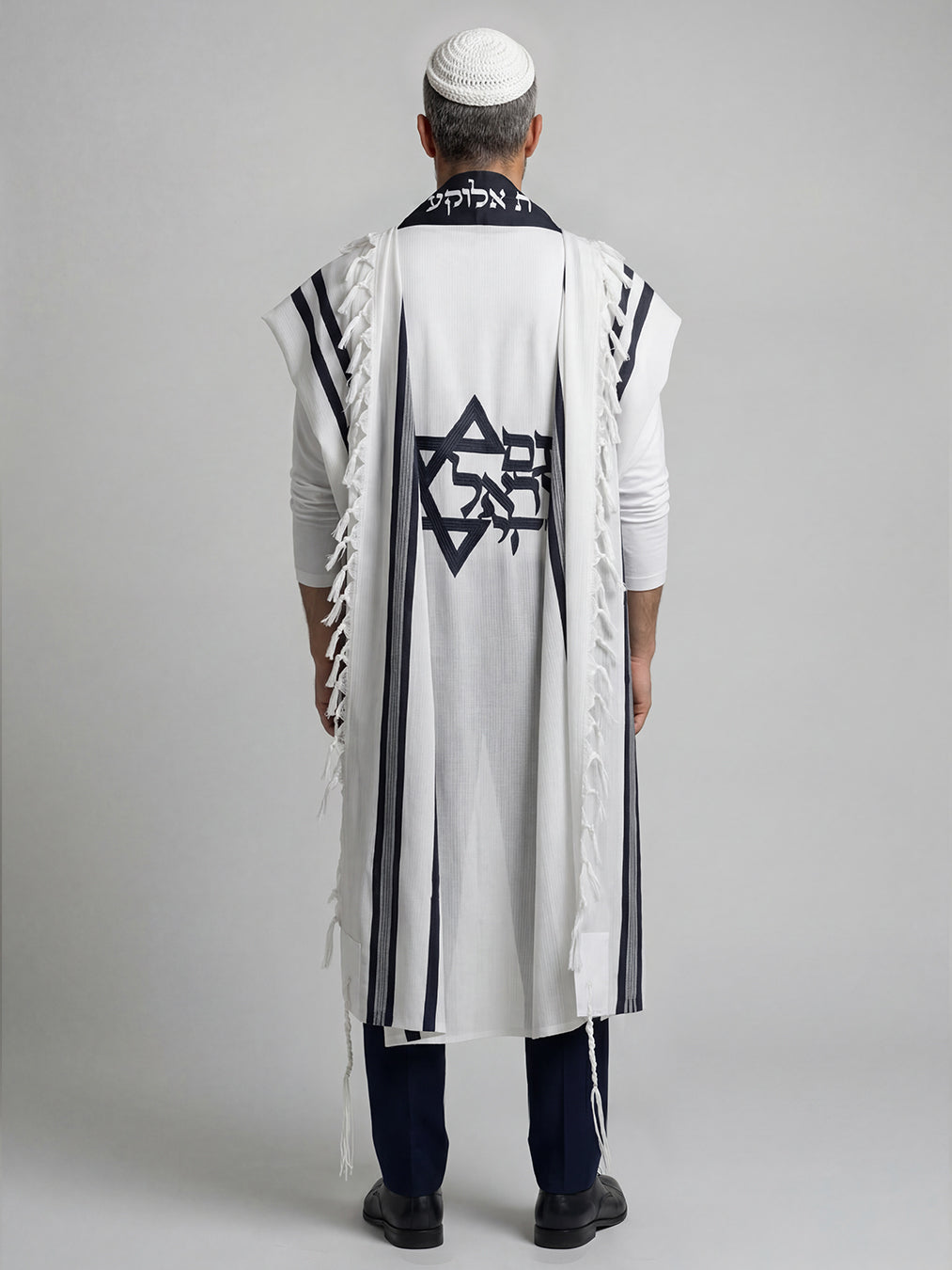 Am Israel Chai Tallit White Black | Luxury Prayer Shawl