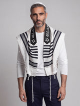 Am Israel Chai Tallit White Black | Luxury Prayer Shawl
