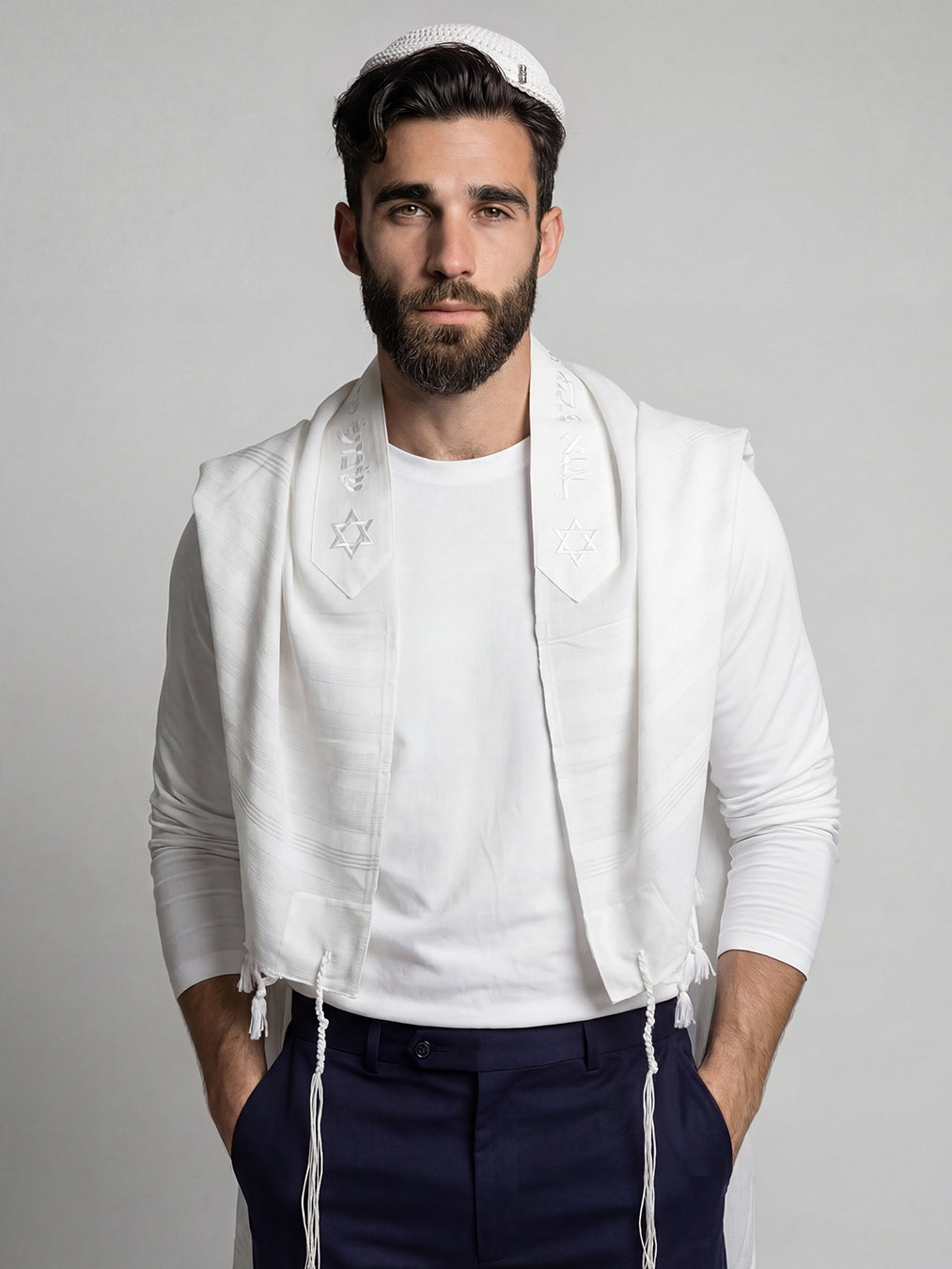 Am Israel Chai Tallit White | Luxury Prayer Shawl
