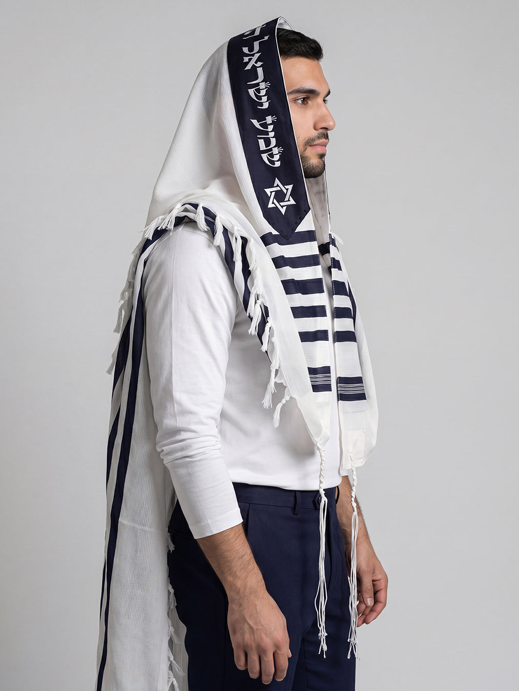Am Israel Chai Tallit White Navy | Luxury Prayer Shawl