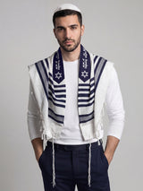 Am Israel Chai Tallit White Navy | Luxury Prayer Shawl