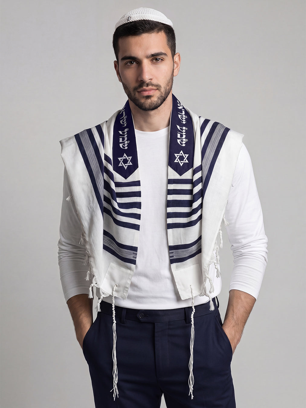 Am Israel Chai Tallit White Navy | Luxury Prayer Shawl