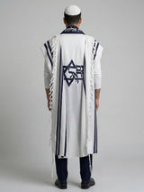 Am Israel Chai Tallit White Navy | Luxury Prayer Shawl